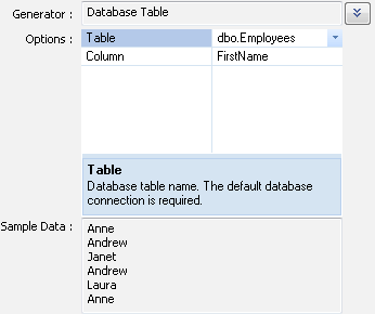 DTM Data Generator for Excel: by database table generator options